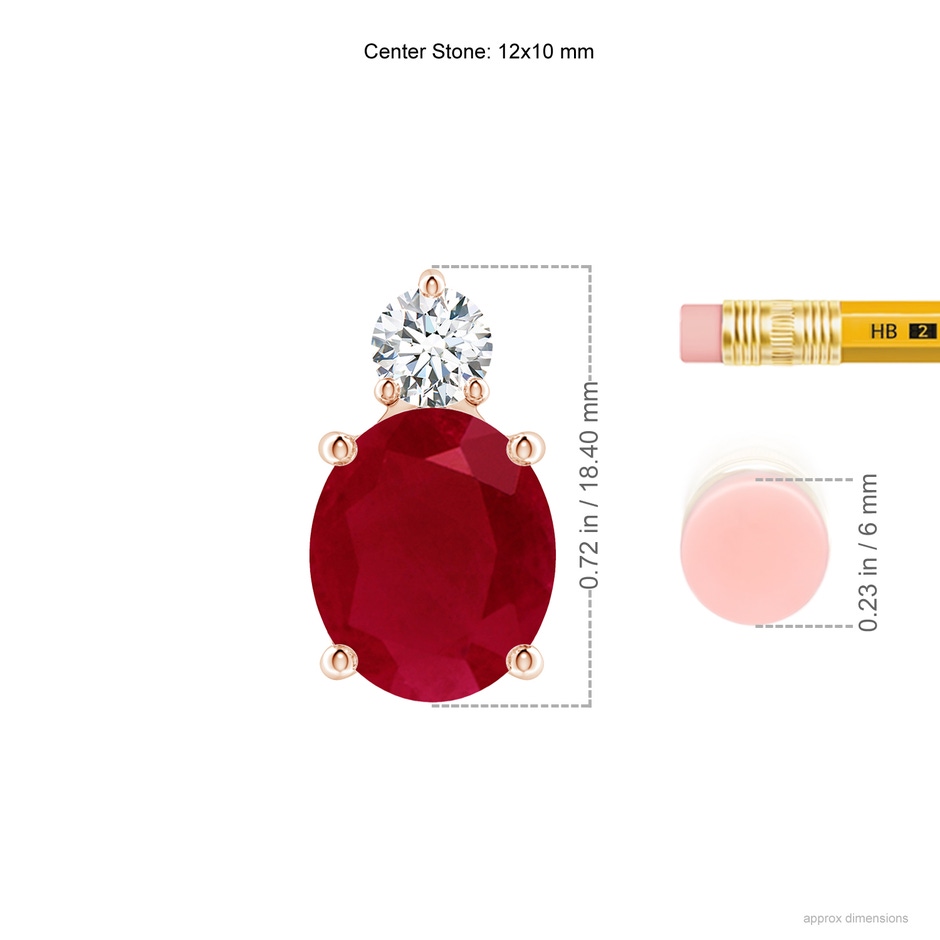 12x10mm AA Oval Ruby Solitaire Pendant with Diamond in Rose Gold ruler