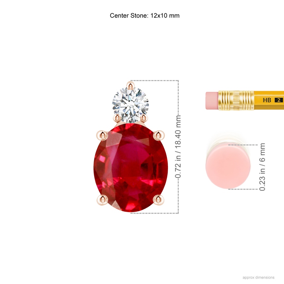 12x10mm AAA Oval Ruby Solitaire Pendant with Diamond in Rose Gold ruler