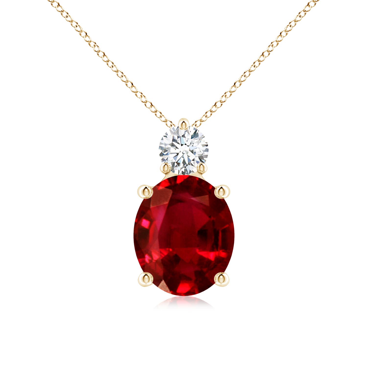 12x10mm AAAA Oval Ruby Solitaire Pendant with Diamond in Yellow Gold