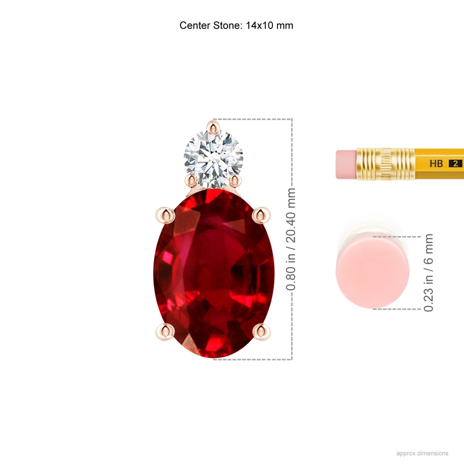 14x10mm AAAA Oval Ruby Solitaire Pendant with Diamond in Rose Gold ruler