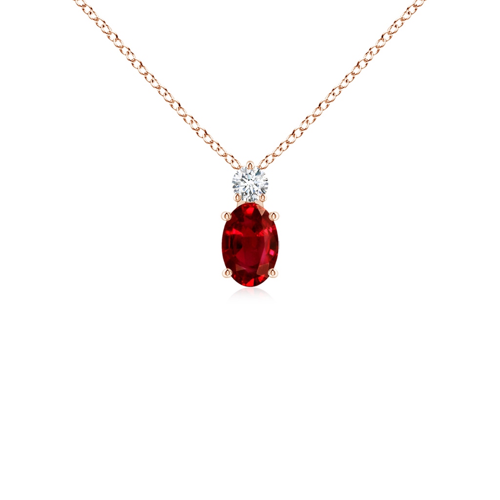 6x4mm AAAA Oval Ruby Solitaire Pendant with Diamond in Rose Gold