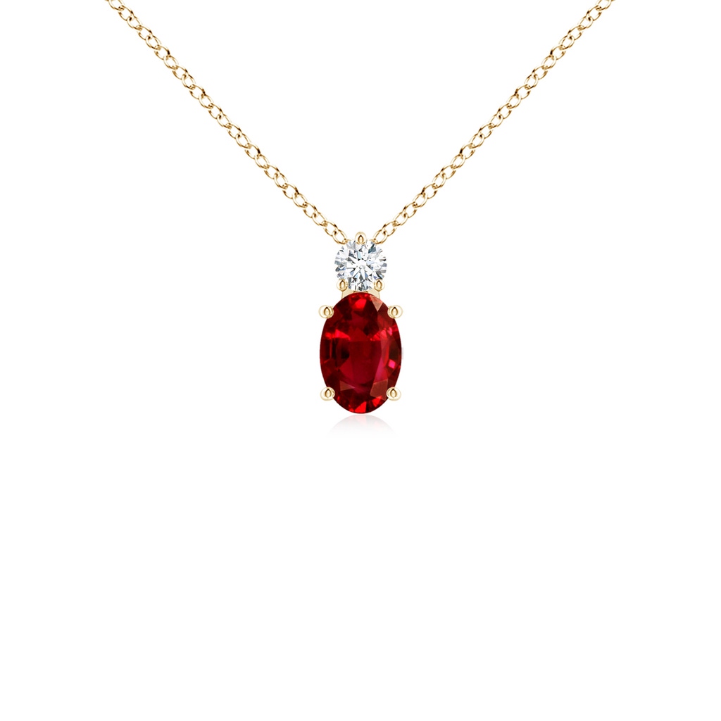 6x4mm AAAA Oval Ruby Solitaire Pendant with Diamond in Yellow Gold