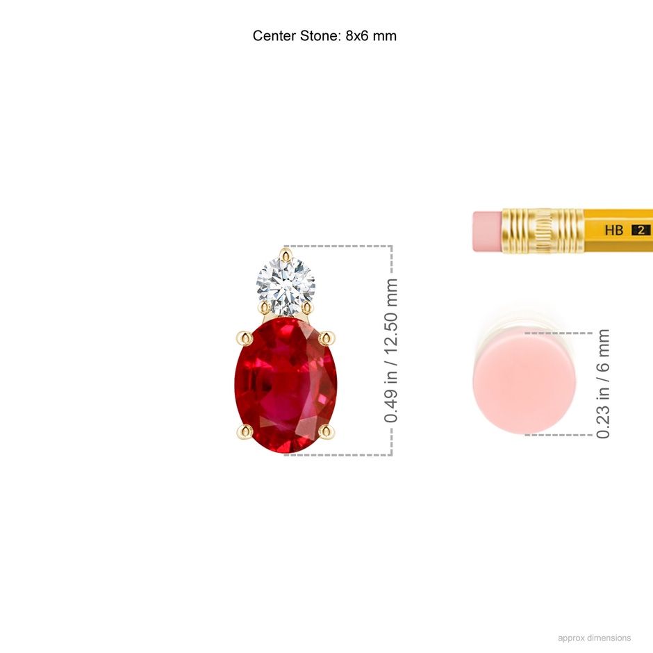 8x6mm AAA Oval Ruby Solitaire Pendant with Diamond in Yellow Gold ruler