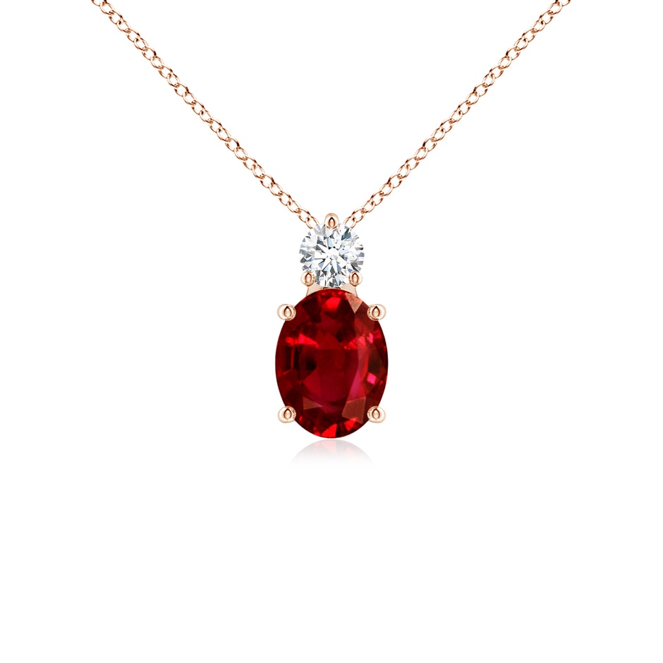 8x6mm AAAA Oval Ruby Solitaire Pendant with Diamond in Rose Gold 