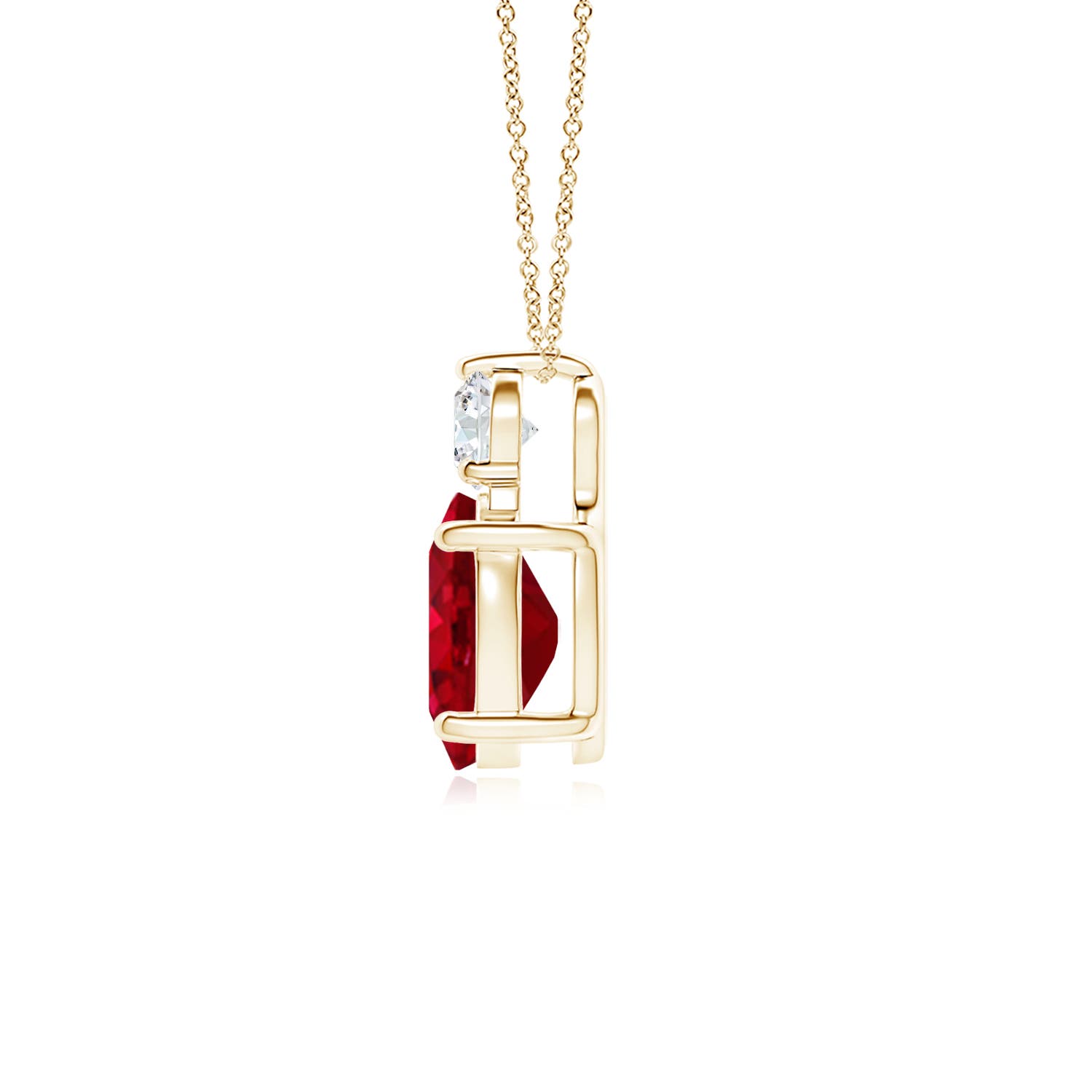 9x7mm AAA Oval Ruby Solitaire Pendant with Diamond in Yellow Gold - side 3