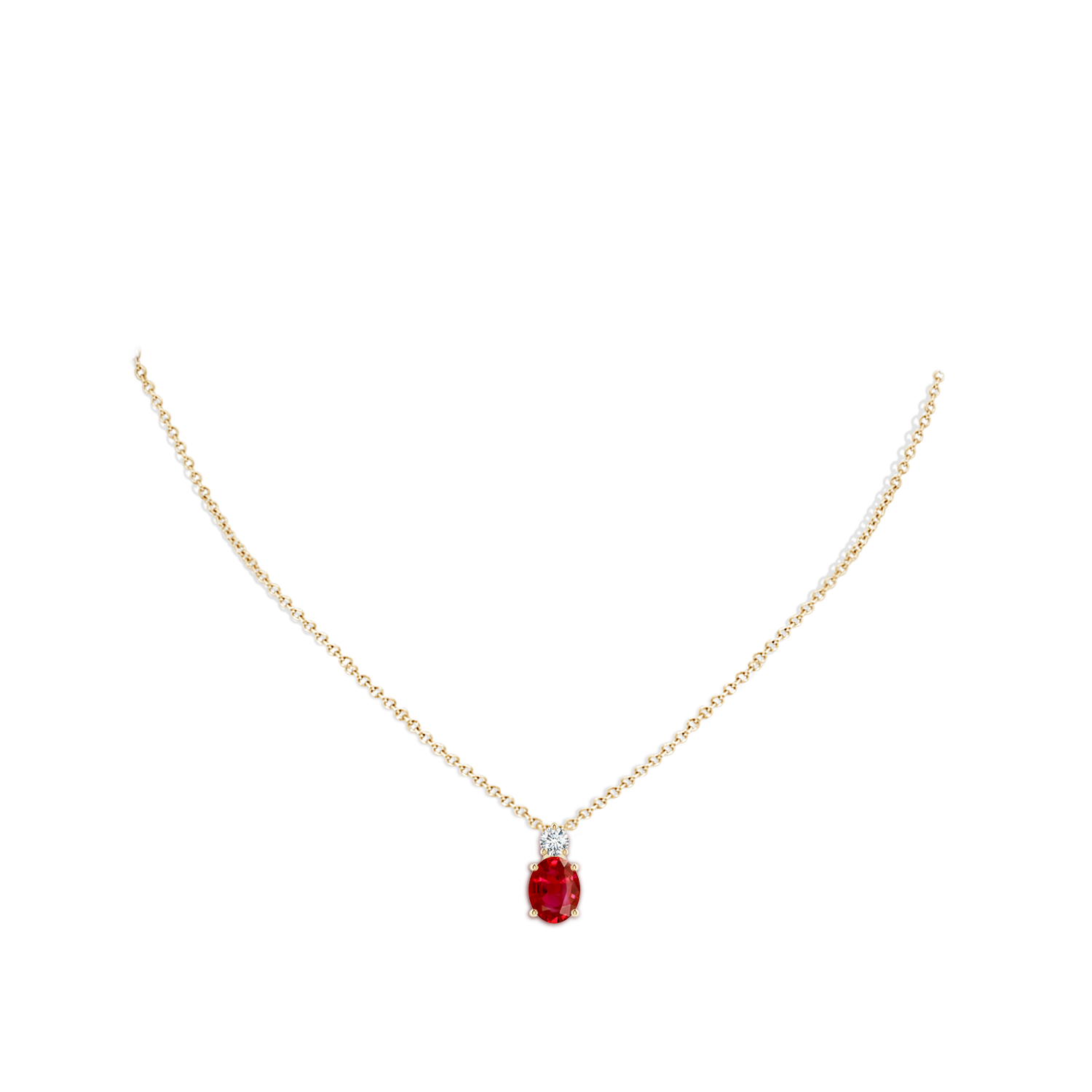 9x7mm AAA Oval Ruby Solitaire Pendant with Diamond in Yellow Gold - body_neck