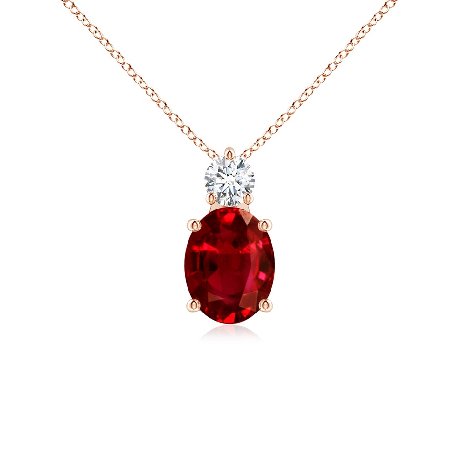 9x7mm AAAA Oval Ruby Solitaire Pendant with Diamond in Rose Gold 