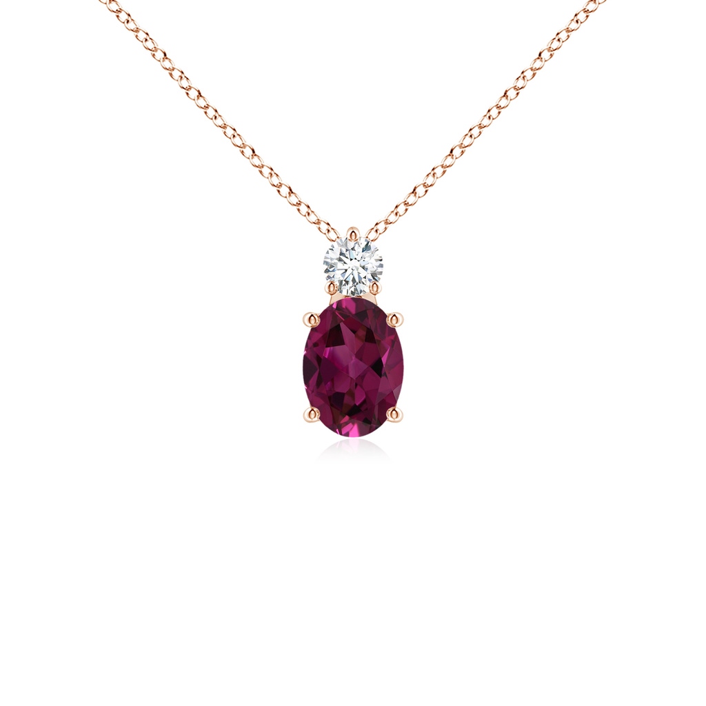 7x5mm AAAA Oval Rhodolite Solitaire Pendant with Diamond in Rose Gold