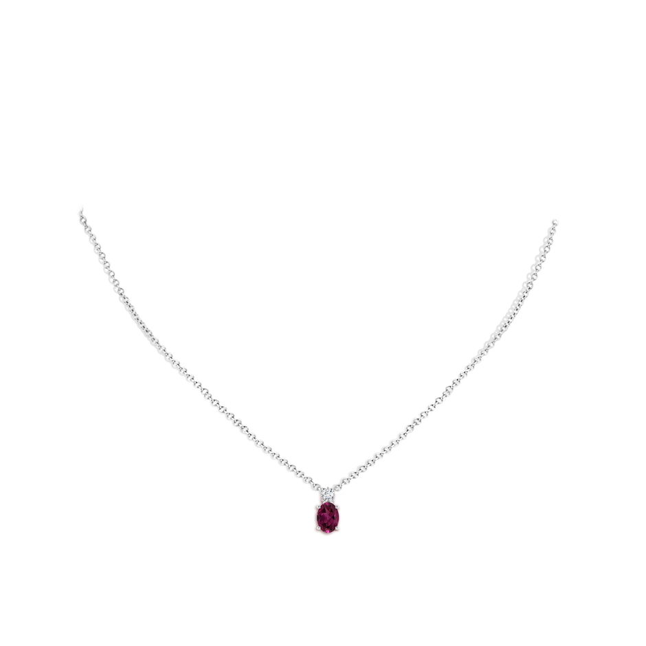 7x5mm AAAA Oval Rhodolite Solitaire Pendant with Diamond in White Gold body-neck