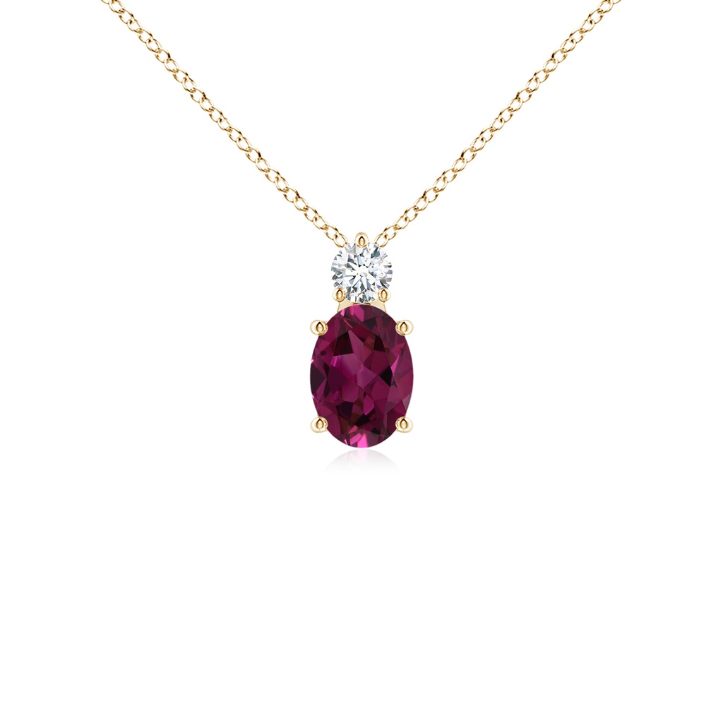 7x5mm AAAA Oval Rhodolite Solitaire Pendant with Diamond in Yellow Gold
