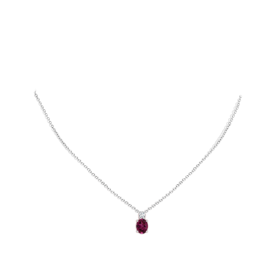8x6mm AAAA Oval Rhodolite Solitaire Pendant with Diamond in White Gold body-neck