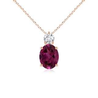 9x7mm AAAA Oval Rhodolite Solitaire Pendant with Diamond in Rose Gold