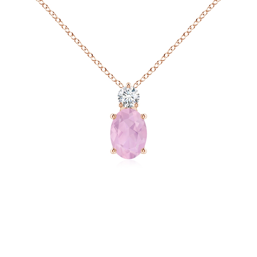 7x5mm AAAA Oval Rose Quartz Solitaire Pendant with Diamond in Rose Gold