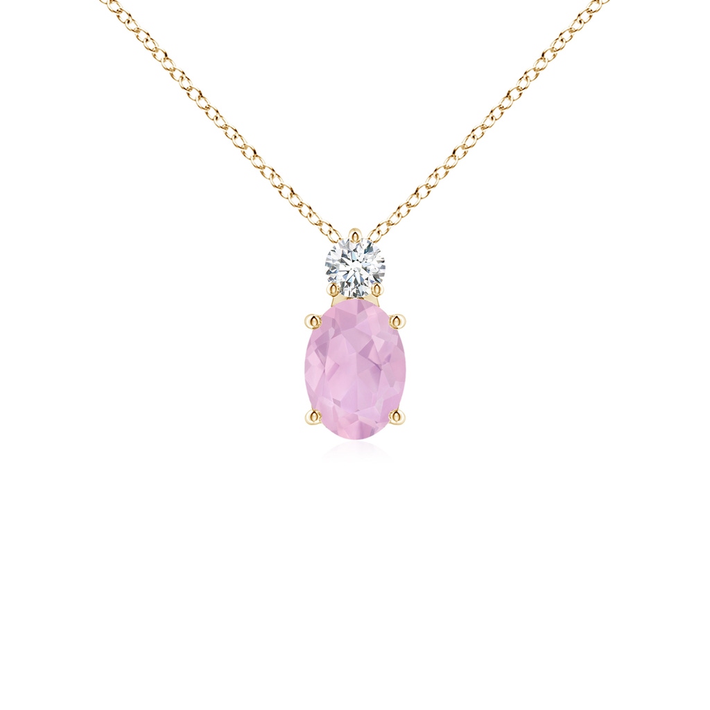 7x5mm AAAA Oval Rose Quartz Solitaire Pendant with Diamond in Yellow Gold