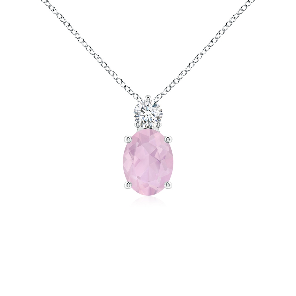 8x6mm AAA Oval Rose Quartz Solitaire Pendant with Diamond in White Gold