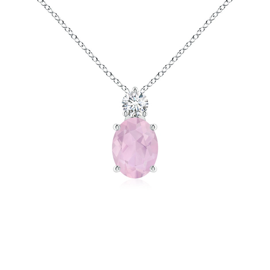 8x6mm AAA Oval Rose Quartz Solitaire Pendant with Diamond in White Gold 