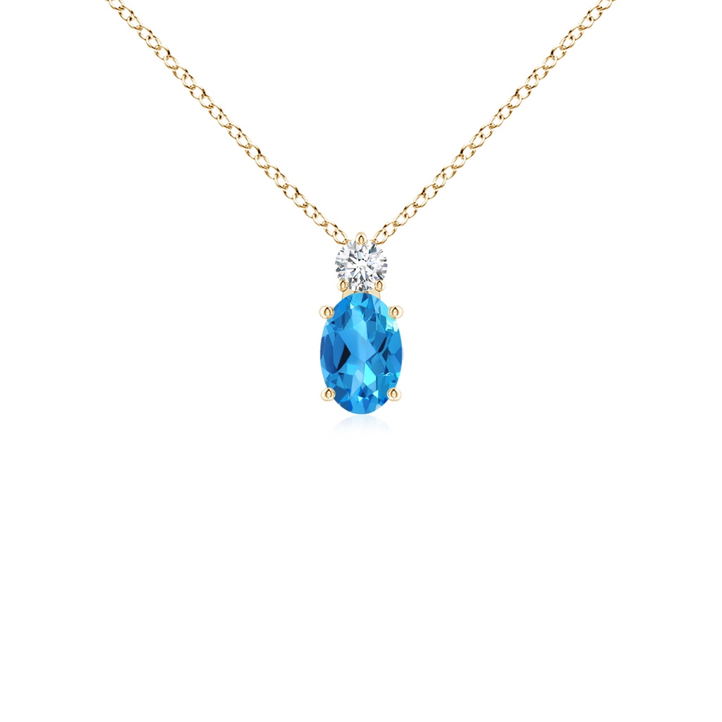 6x4mm AAAA Oval Swiss Blue Topaz Solitaire Pendant with Diamond in Yellow Gold