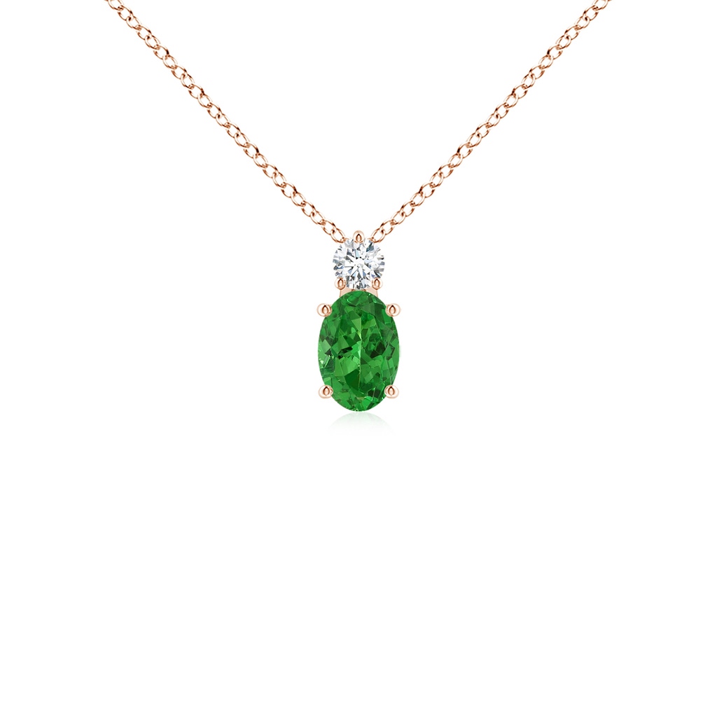 6x4mm AAAA Oval Tsavorite Solitaire Pendant with Diamond in Rose Gold