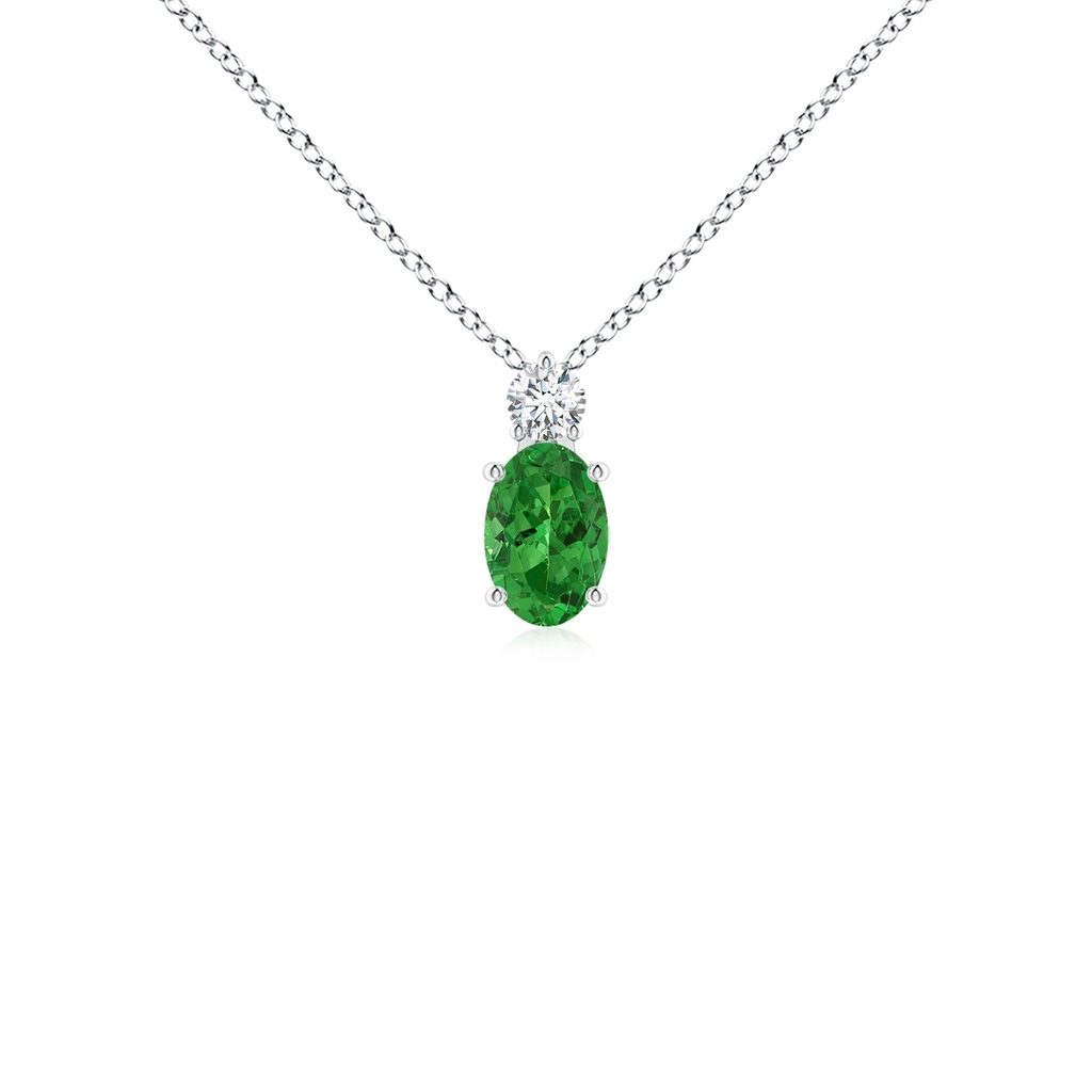 6x4mm AAAA Oval Tsavorite Solitaire Pendant with Diamond in S999 Silver