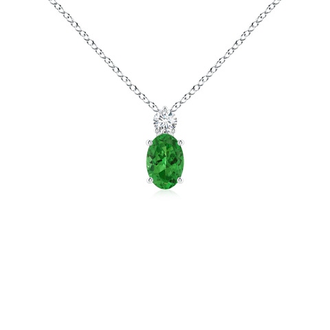 6x4mm AAAA Oval Tsavorite Solitaire Pendant with Diamond in White Gold