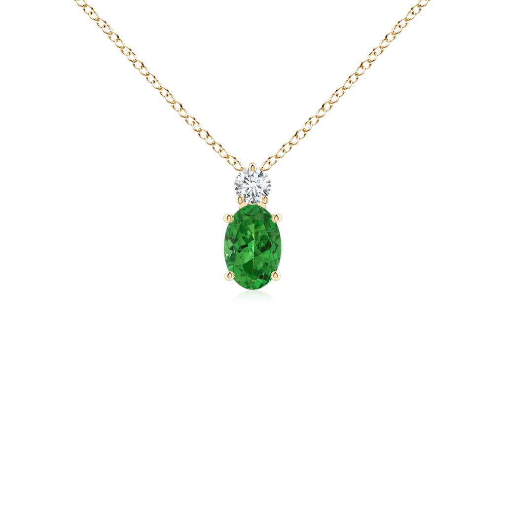 6x4mm AAAA Oval Tsavorite Solitaire Pendant with Diamond in Yellow Gold