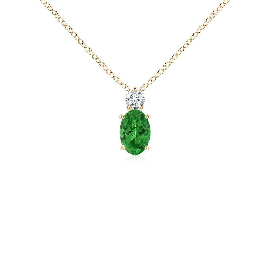 6x4mm AAAA Oval Tsavorite Solitaire Pendant with Diamond in Yellow Gold 