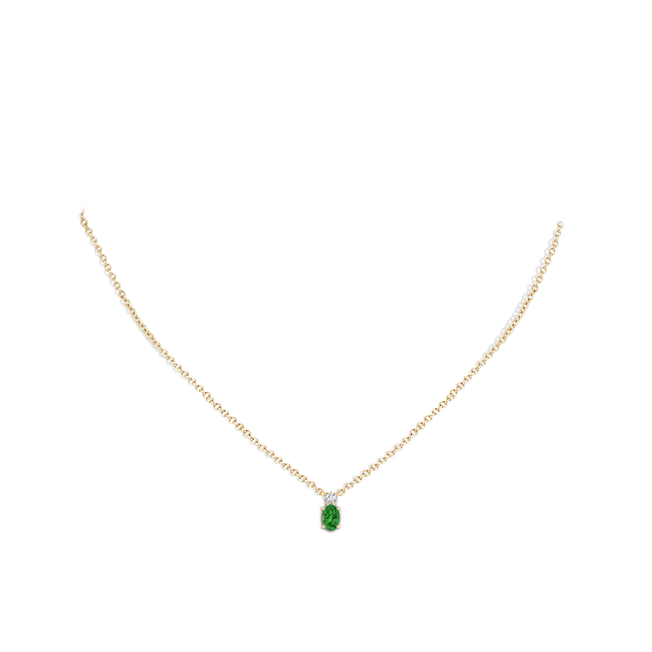 6x4mm AAAA Oval Tsavorite Solitaire Pendant with Diamond in Yellow Gold body-neck