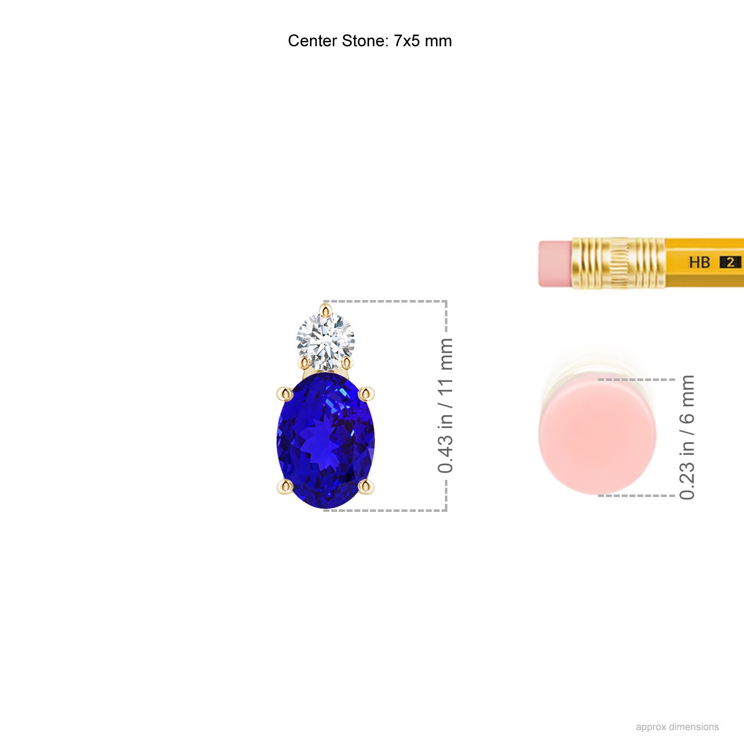 7x5mm AAAA Oval Tanzanite Solitaire Pendant with Diamond in Yellow Gold - ruler