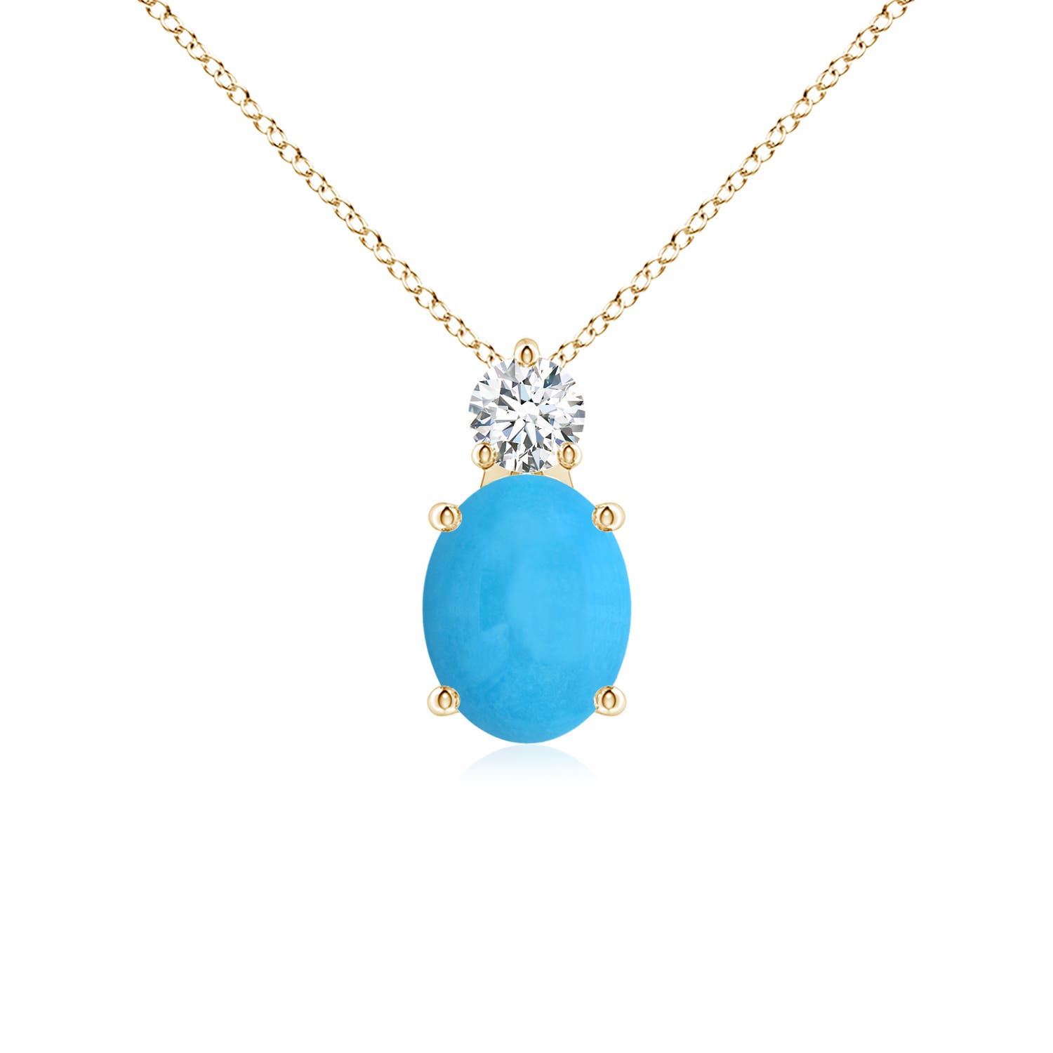 9x7mm AAA Oval Turquoise Solitaire Pendant with Diamond in Yellow Gold