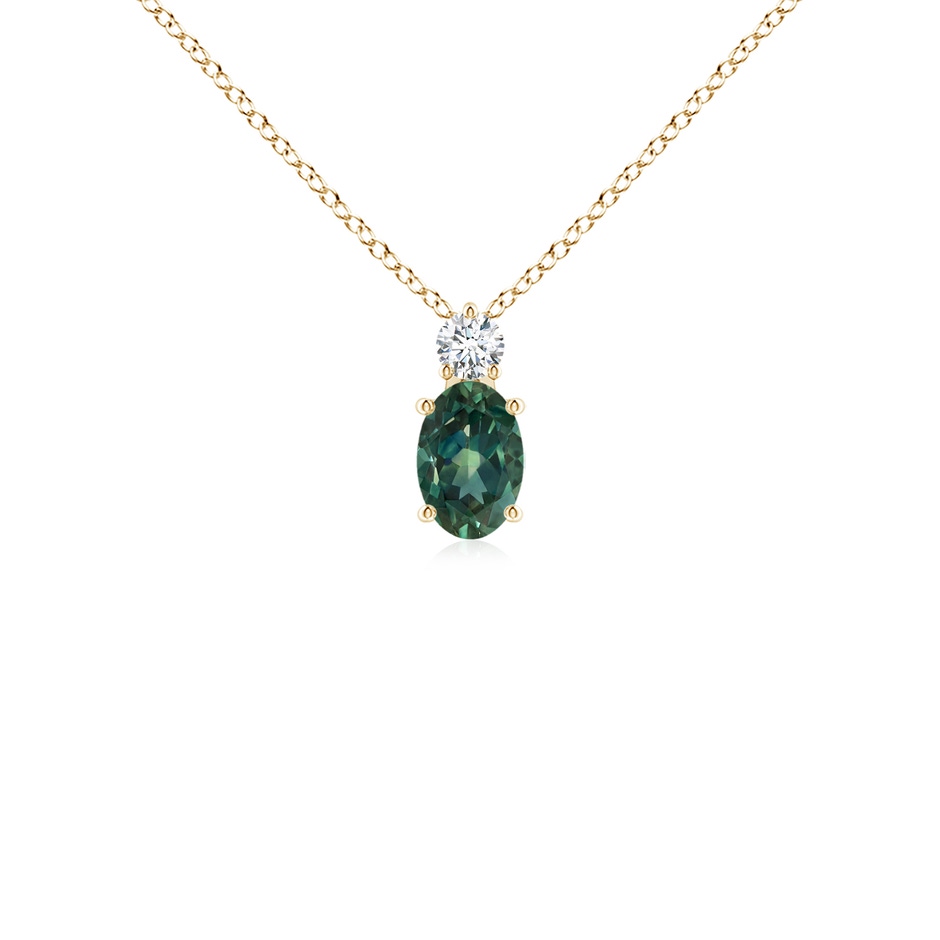6x4mm AA Oval Teal Montana Sapphire Solitaire Pendant with Diamond in Yellow Gold 