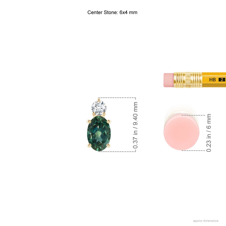 6x4mm AA Oval Teal Montana Sapphire Solitaire Pendant with Diamond in Yellow Gold ruler