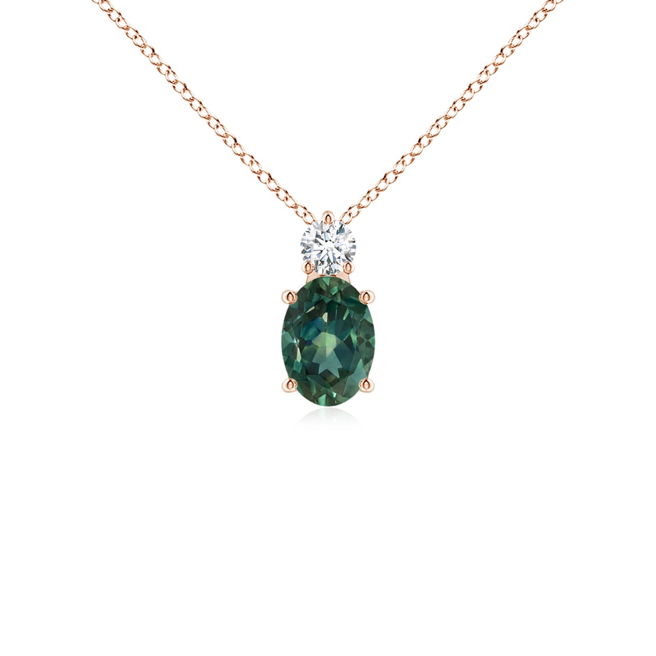 7x5mm AA Oval Teal Montana Sapphire Solitaire Pendant with Diamond in Rose Gold 