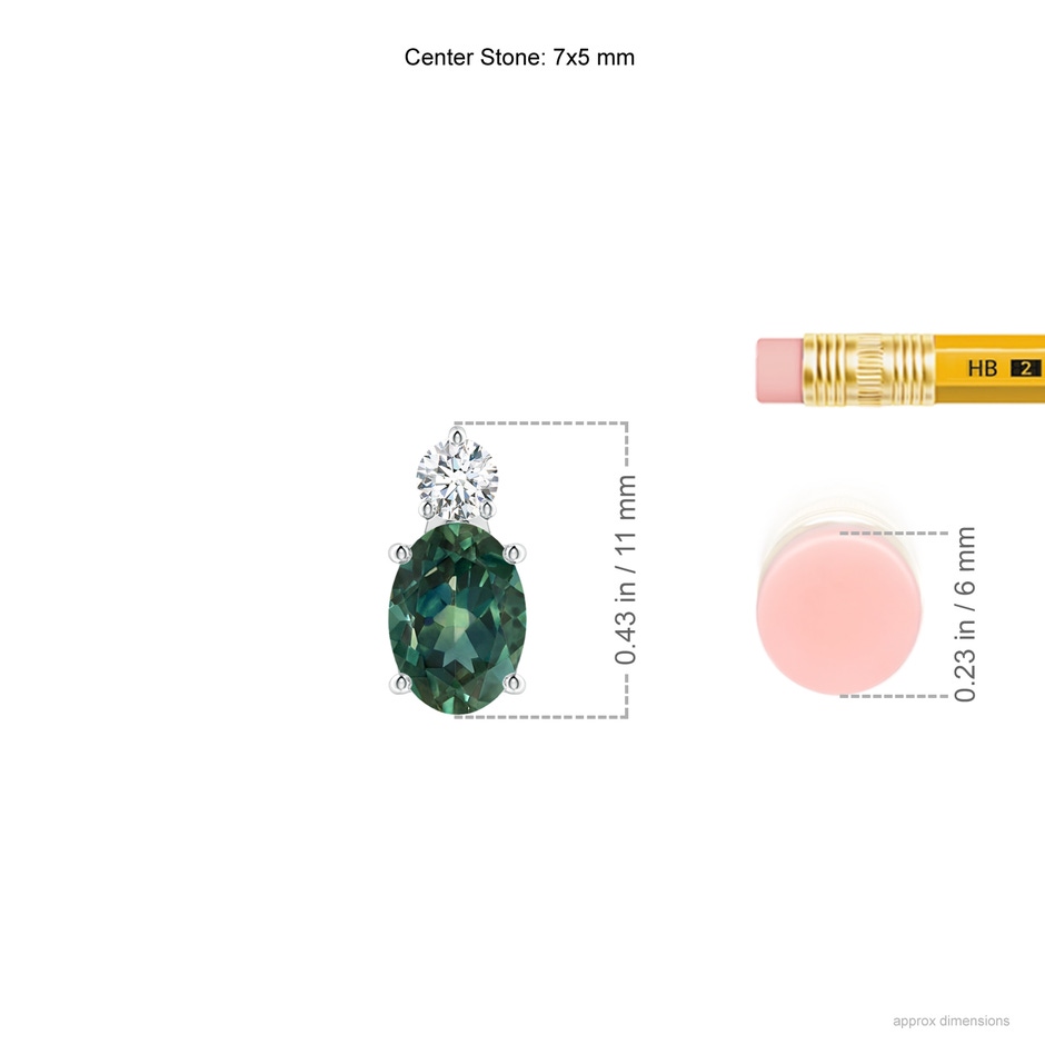 7x5mm AA Oval Teal Montana Sapphire Solitaire Pendant with Diamond in White Gold ruler