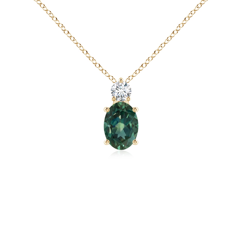 7x5mm AA Oval Teal Montana Sapphire Solitaire Pendant with Diamond in Yellow Gold 