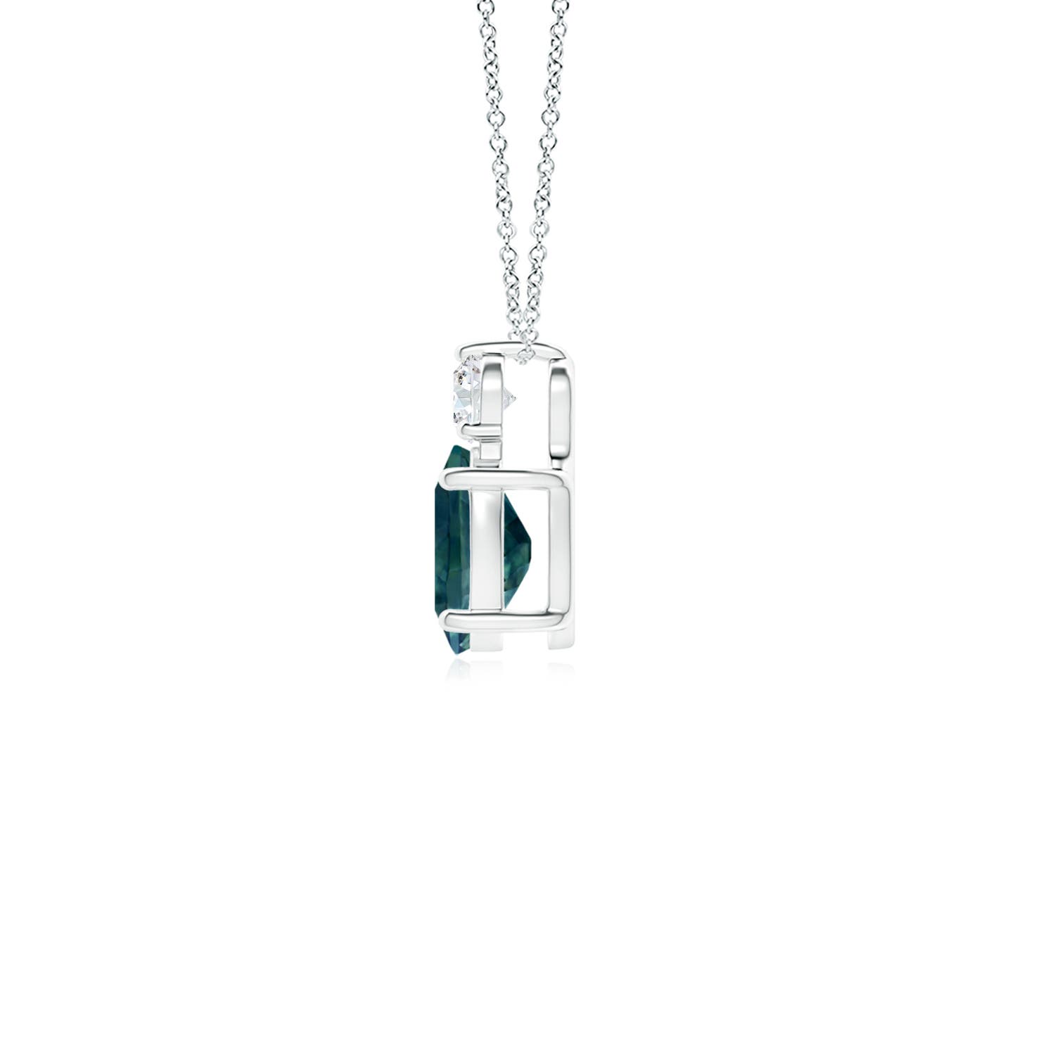 7x5mm AAA Oval Teal Montana Sapphire Solitaire Pendant with Diamond in White Gold - side 2