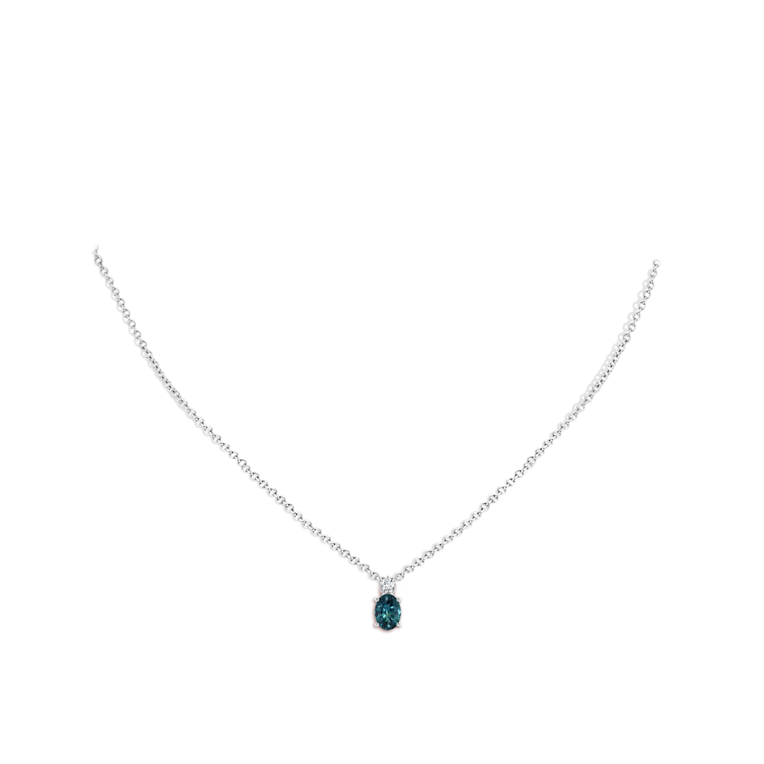 7x5mm AAA Oval Teal Montana Sapphire Solitaire Pendant with Diamond in White Gold - body_neck