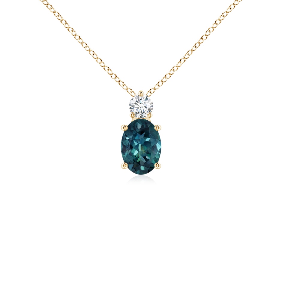 7x5mm AAA Oval Teal Montana Sapphire Solitaire Pendant with Diamond in Yellow Gold 