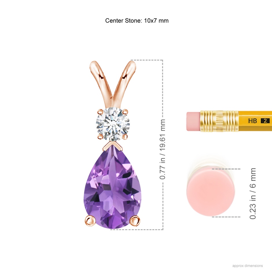 10x7mm AA Amethyst Teardrop Pendant with Diamond in Rose Gold ruler
