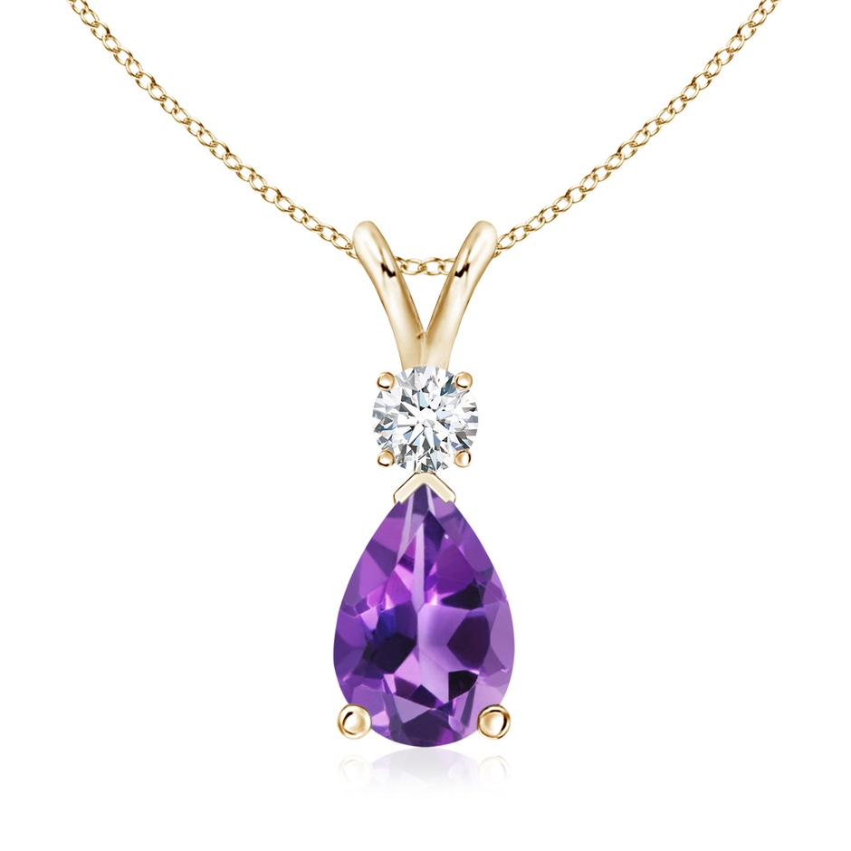 10x7mm AAA Amethyst Teardrop Pendant with Diamond in Yellow Gold 