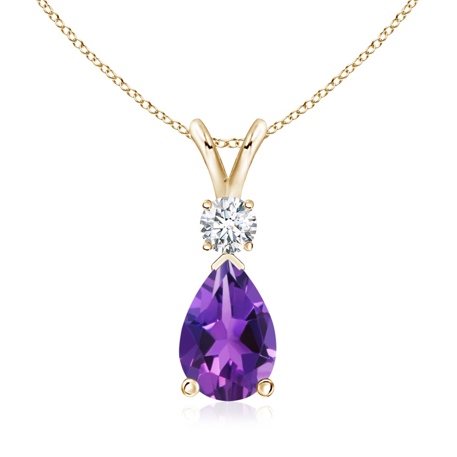 10x7mm AAAA Amethyst Teardrop Pendant with Diamond in Yellow Gold 