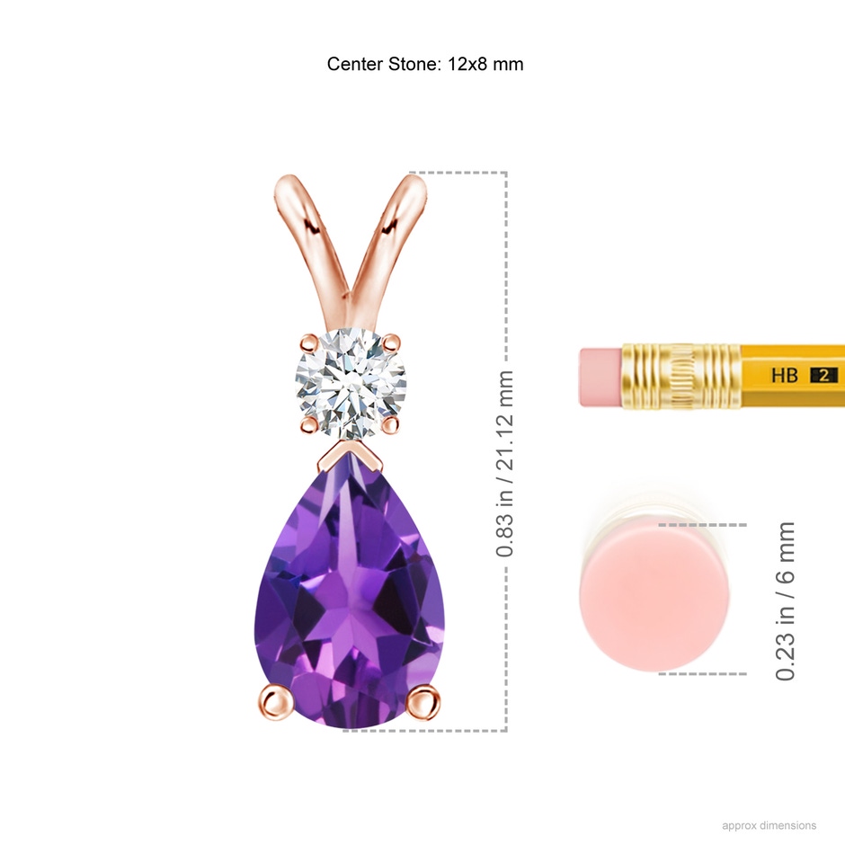 12x8mm AAAA Amethyst Teardrop Pendant with Diamond in 18K Rose Gold ruler