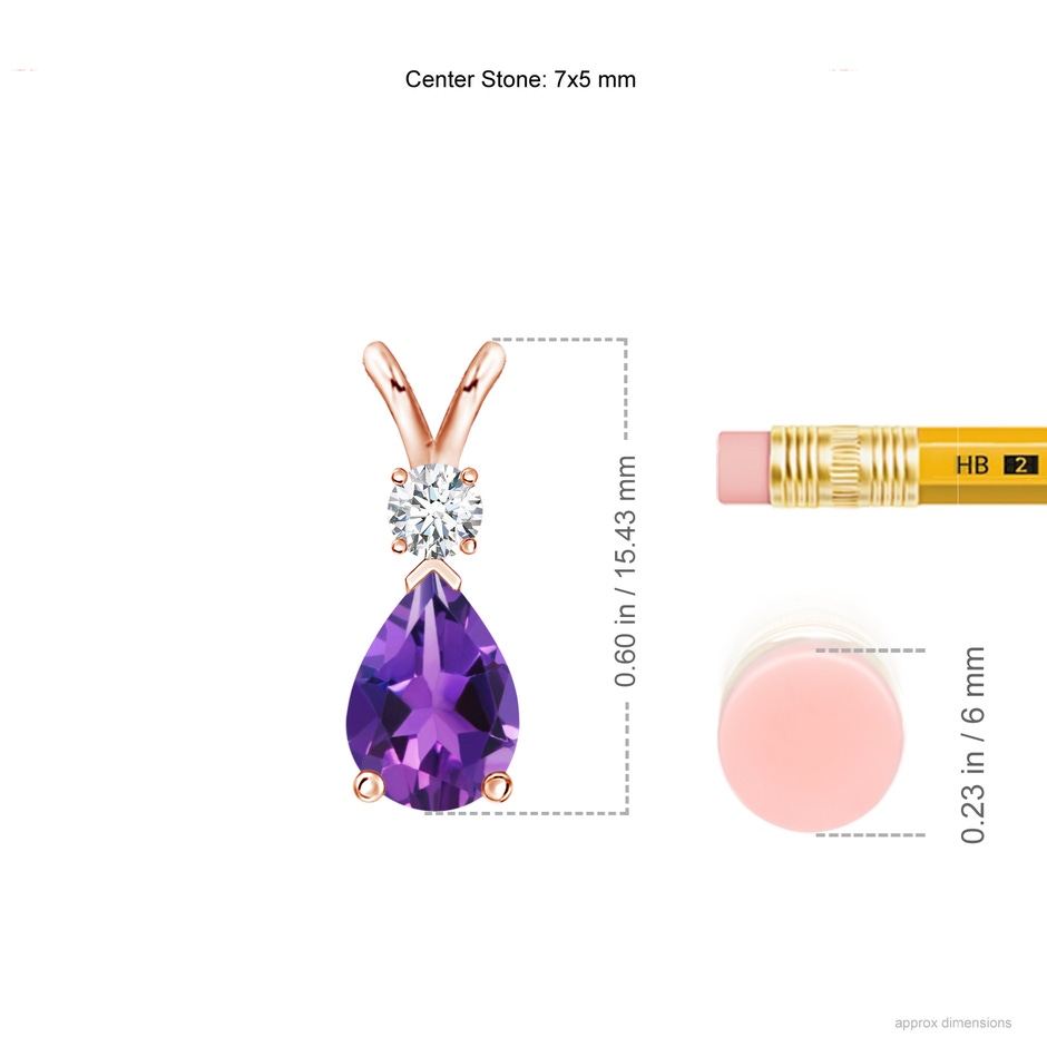 7x5mm AAAA Amethyst Teardrop Pendant with Diamond in 18K Rose Gold ruler