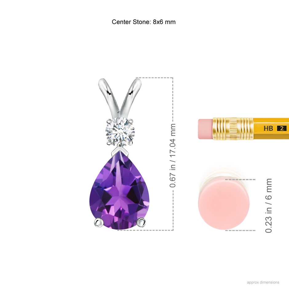 8x6mm AAAA Amethyst Teardrop Pendant with Diamond in S999 Silver ruler
