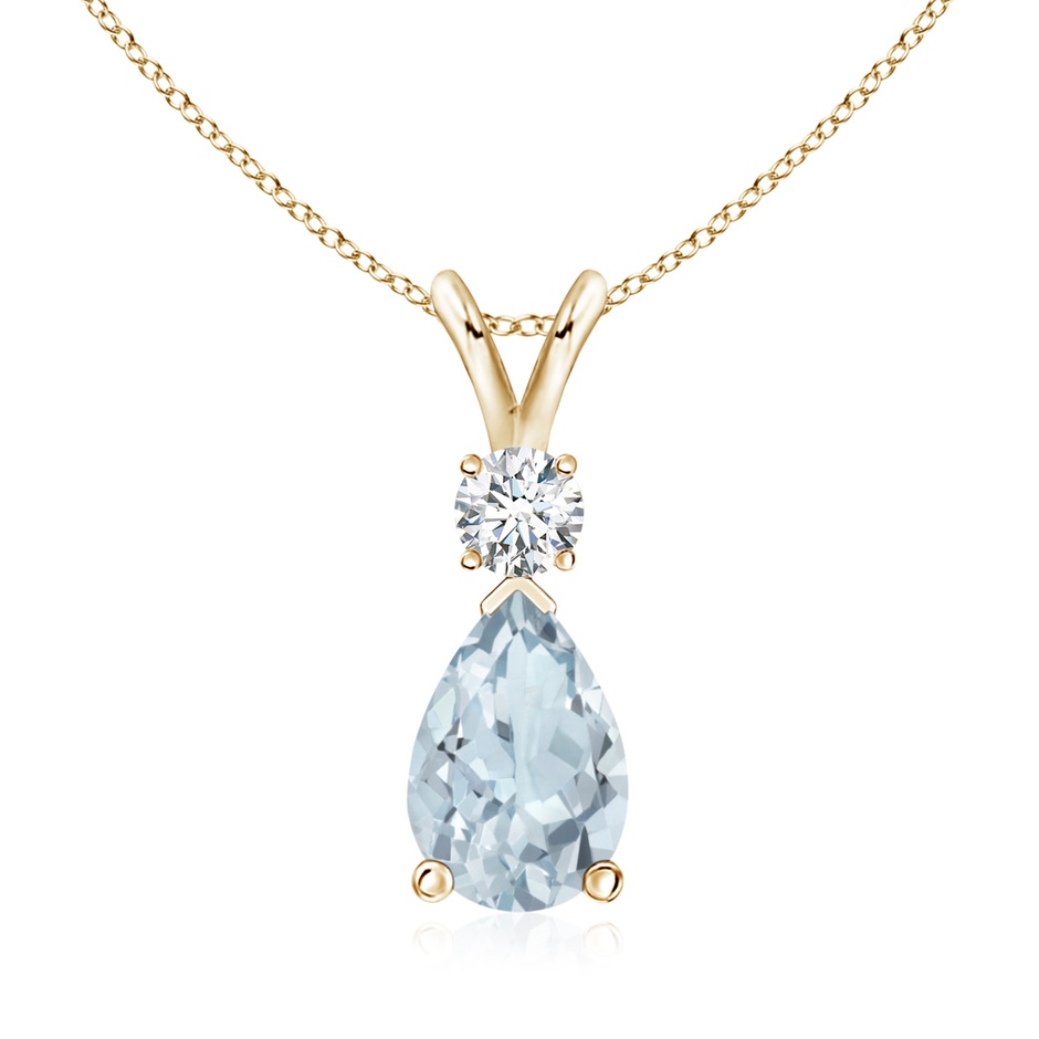 10x7mm A Aquamarine Teardrop Pendant with Diamond in Yellow Gold 
