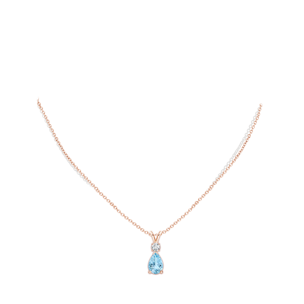 10x7mm AAAA Aquamarine Teardrop Pendant with Diamond in Rose Gold Body-Neck
