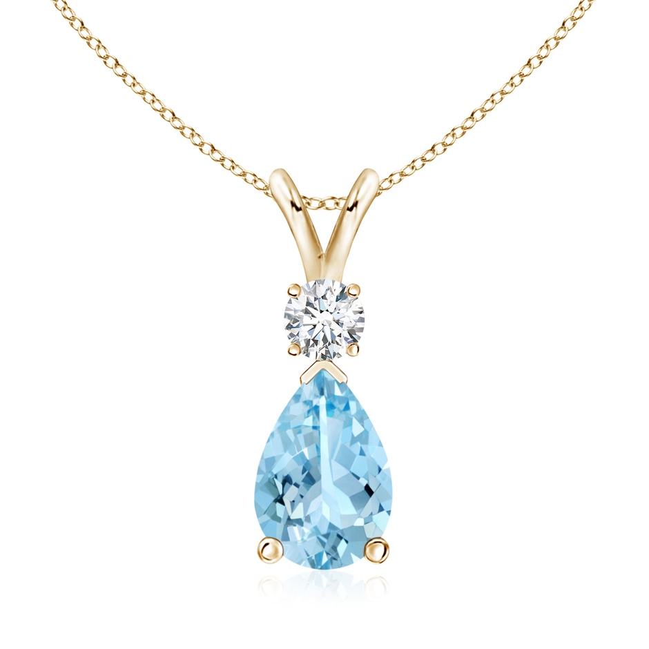 10x7mm AAAA Aquamarine Teardrop Pendant with Diamond in Yellow Gold 