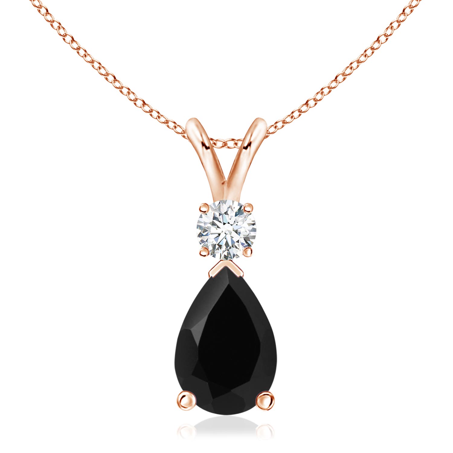 12x8mm AAA Prong-Set Black Onyx Teardrop V-Bale Pendant with Diamond in 18K Rose Gold