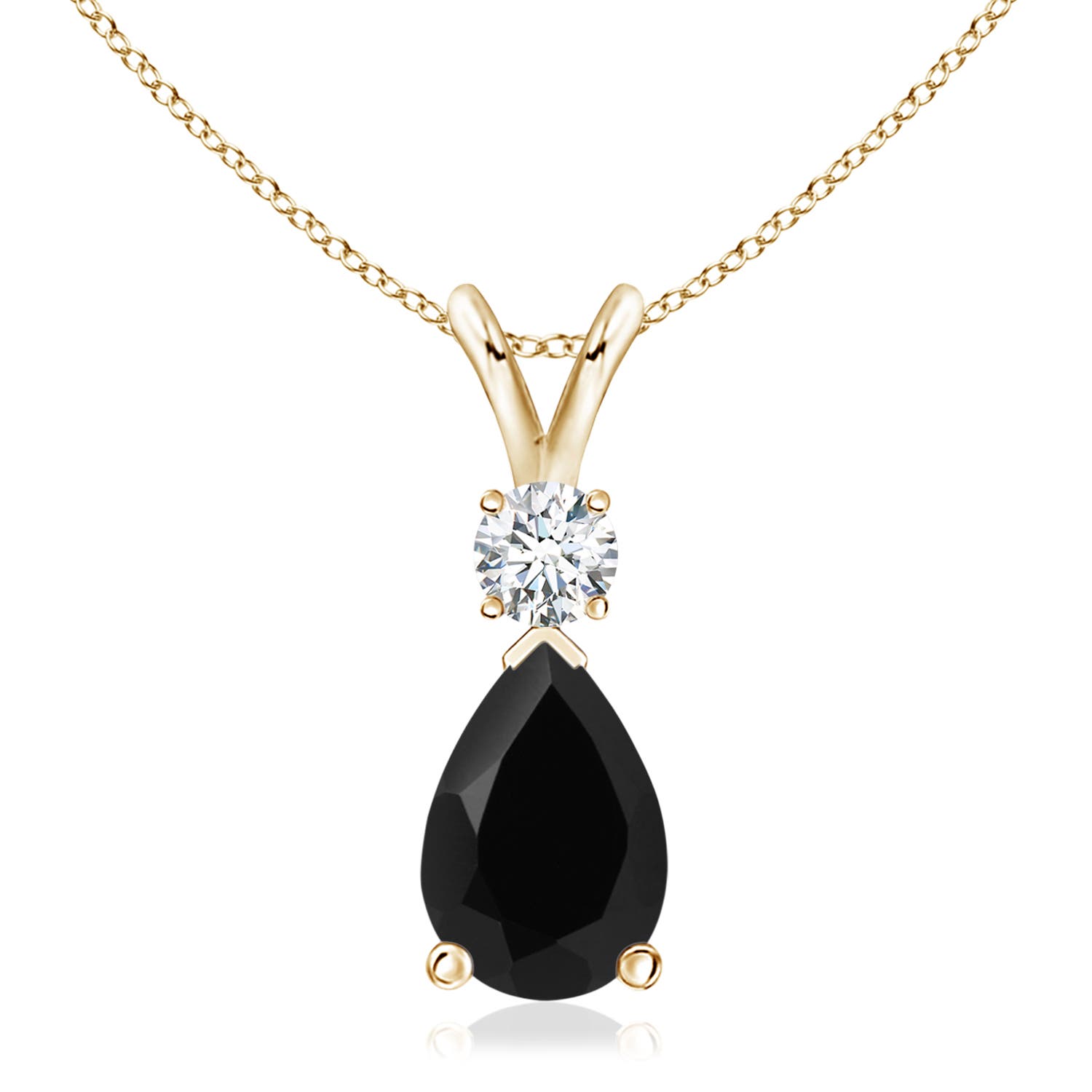 12x8mm AAA Prong-Set Black Onyx Teardrop V-Bale Pendant with Diamond in 18K Yellow Gold