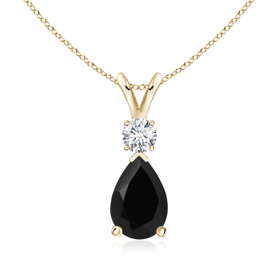 9x7mm AAA Prong-Set Black Onyx Teardrop V-Bale Pendant with Diamond in Yellow Gold 
