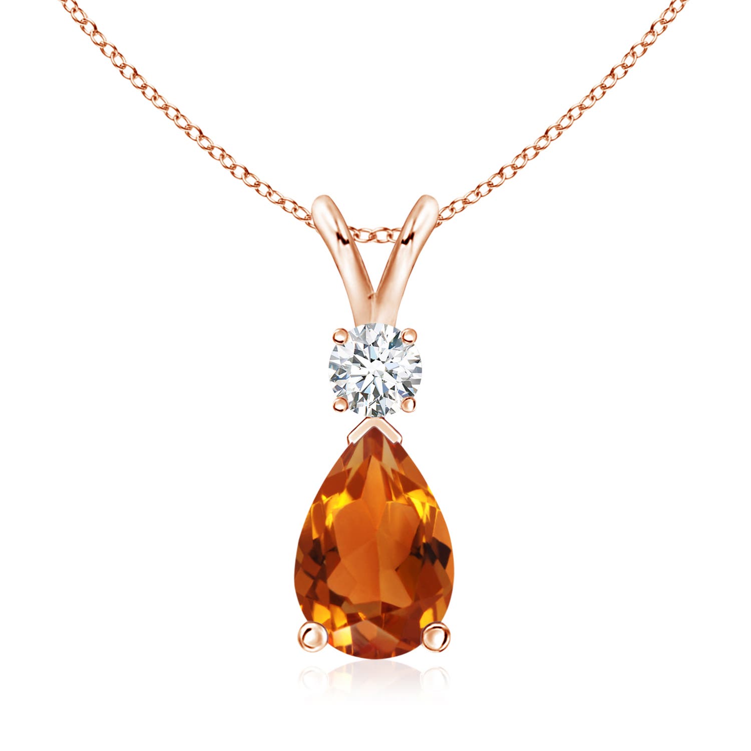 10x7mm AAAA Prong-Set Citrine Teardrop V-Bale Pendant with Diamond in 18K Rose Gold